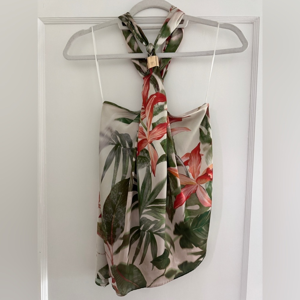 NWT- Zara -TROPICAL PRINT HALTER TOP - Ecru / Green-S